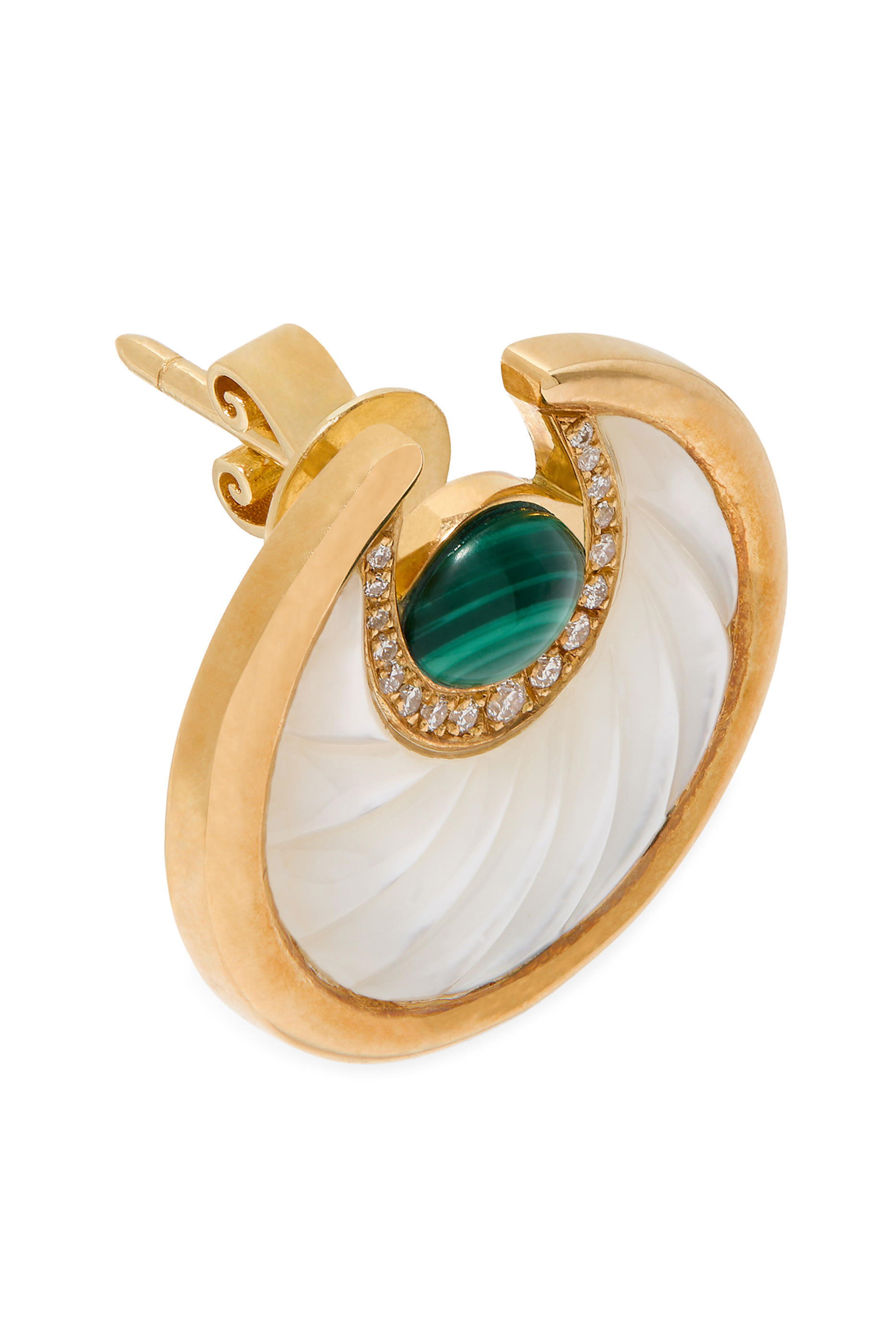 Circus Moon Earrings, 18K Yellow Gold with White Diamond, Mother of Pearl  Malachite