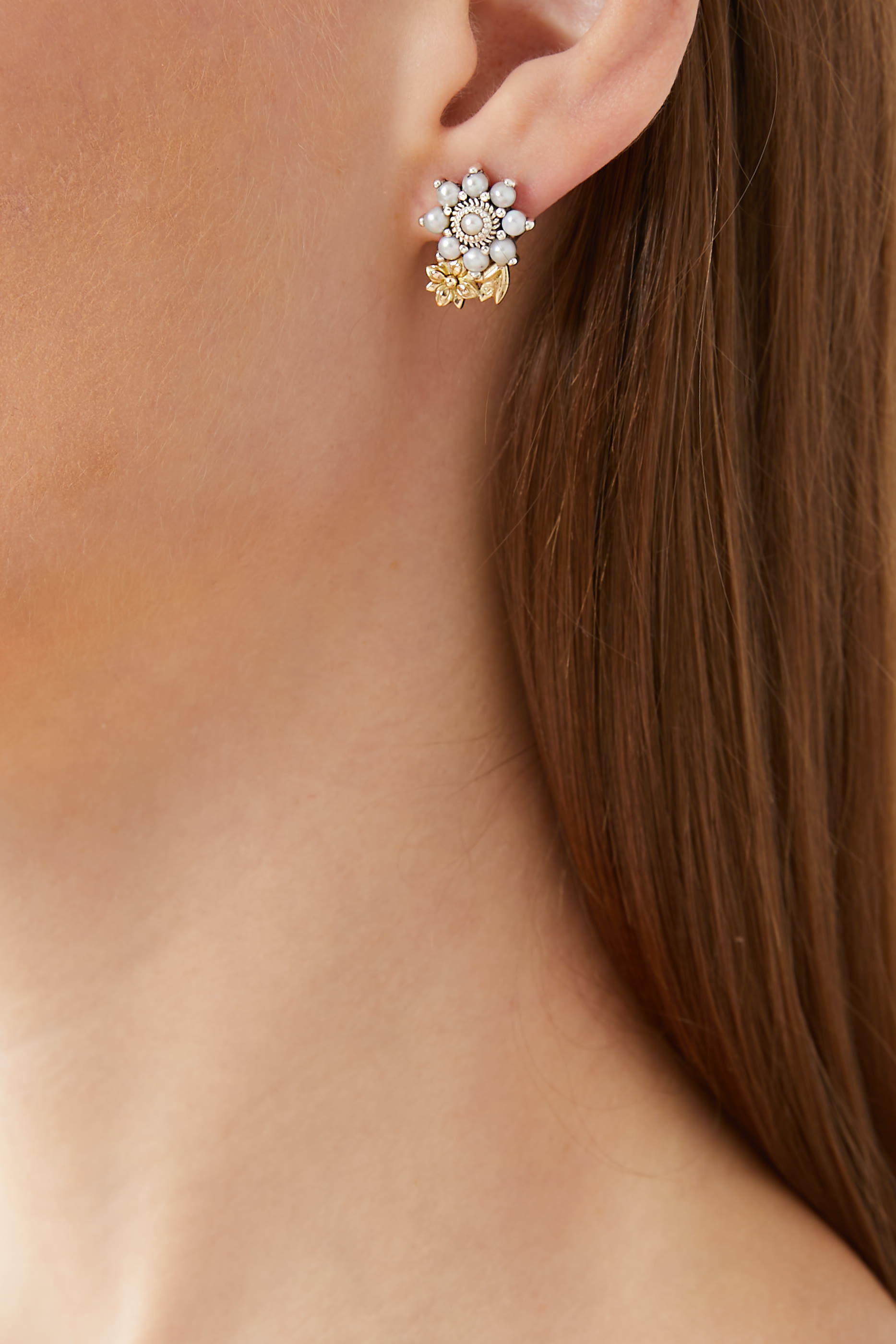 Mismatched Floral Earrings, Sterling Silver, 18K Yellow Gold  Pearl