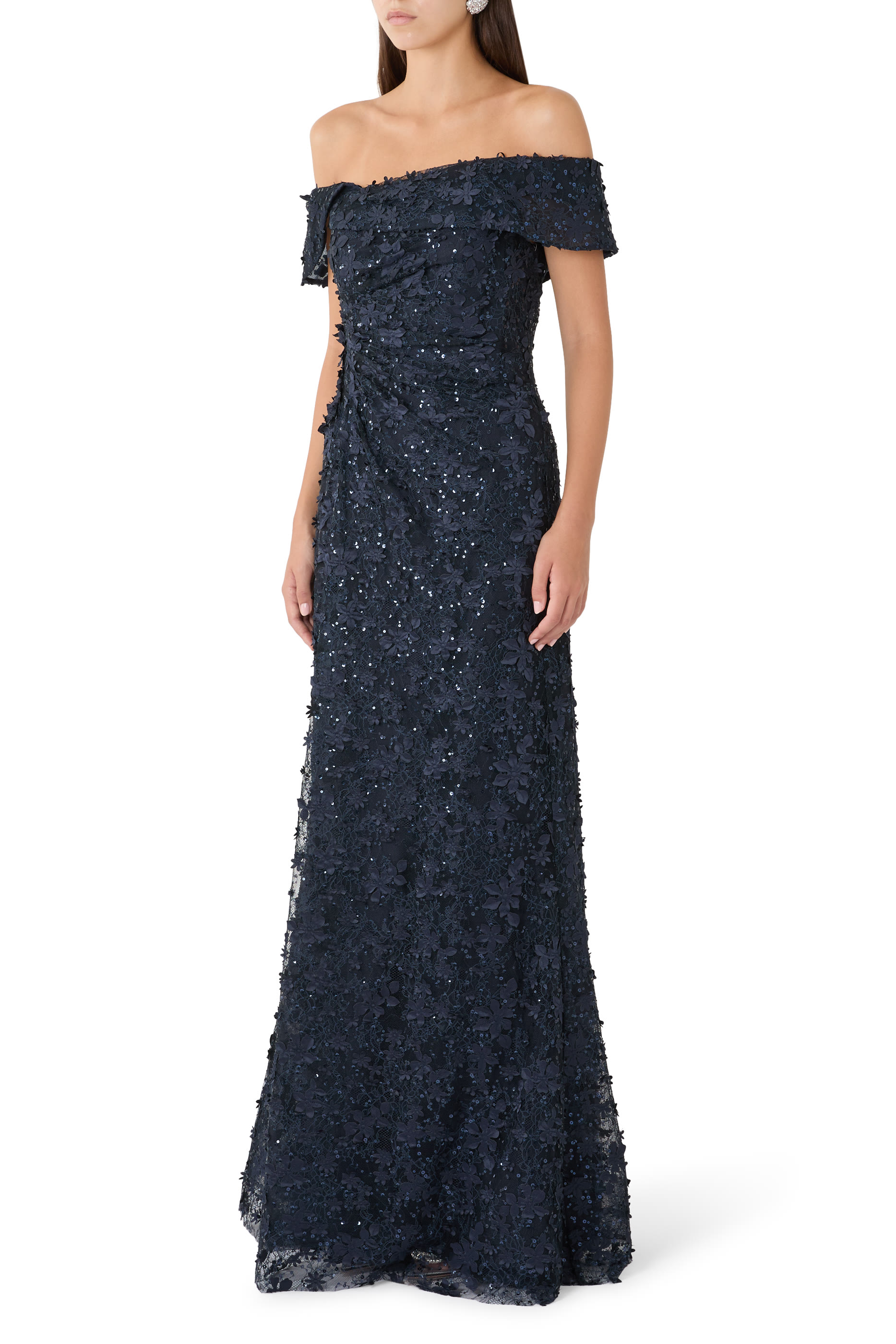 3D Lace Asymmetric Off The Shoulder Cuff Gown