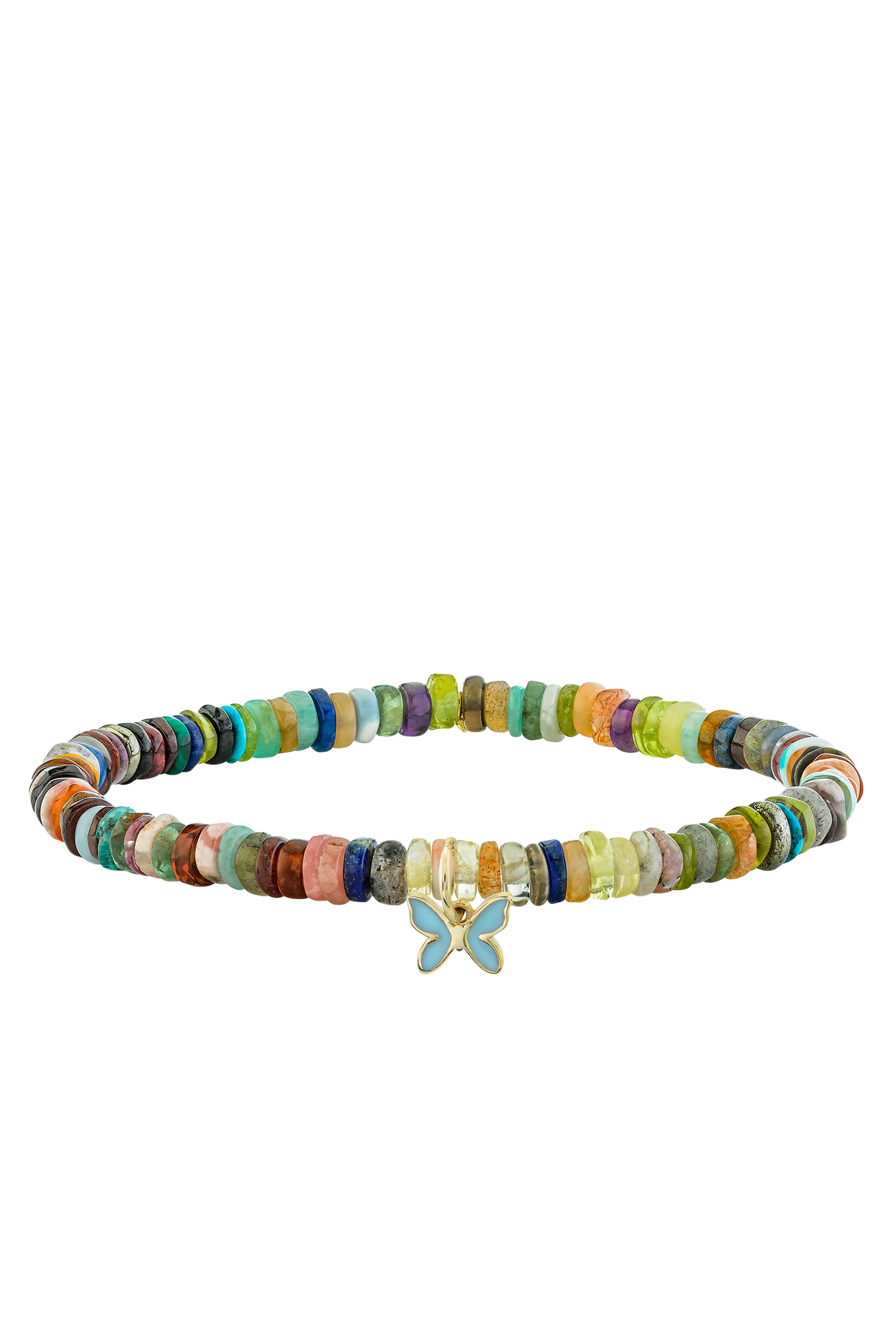 Tiny Butterfly Bracelet, 14k Yellow Gold  Enamel, Heishi Beads