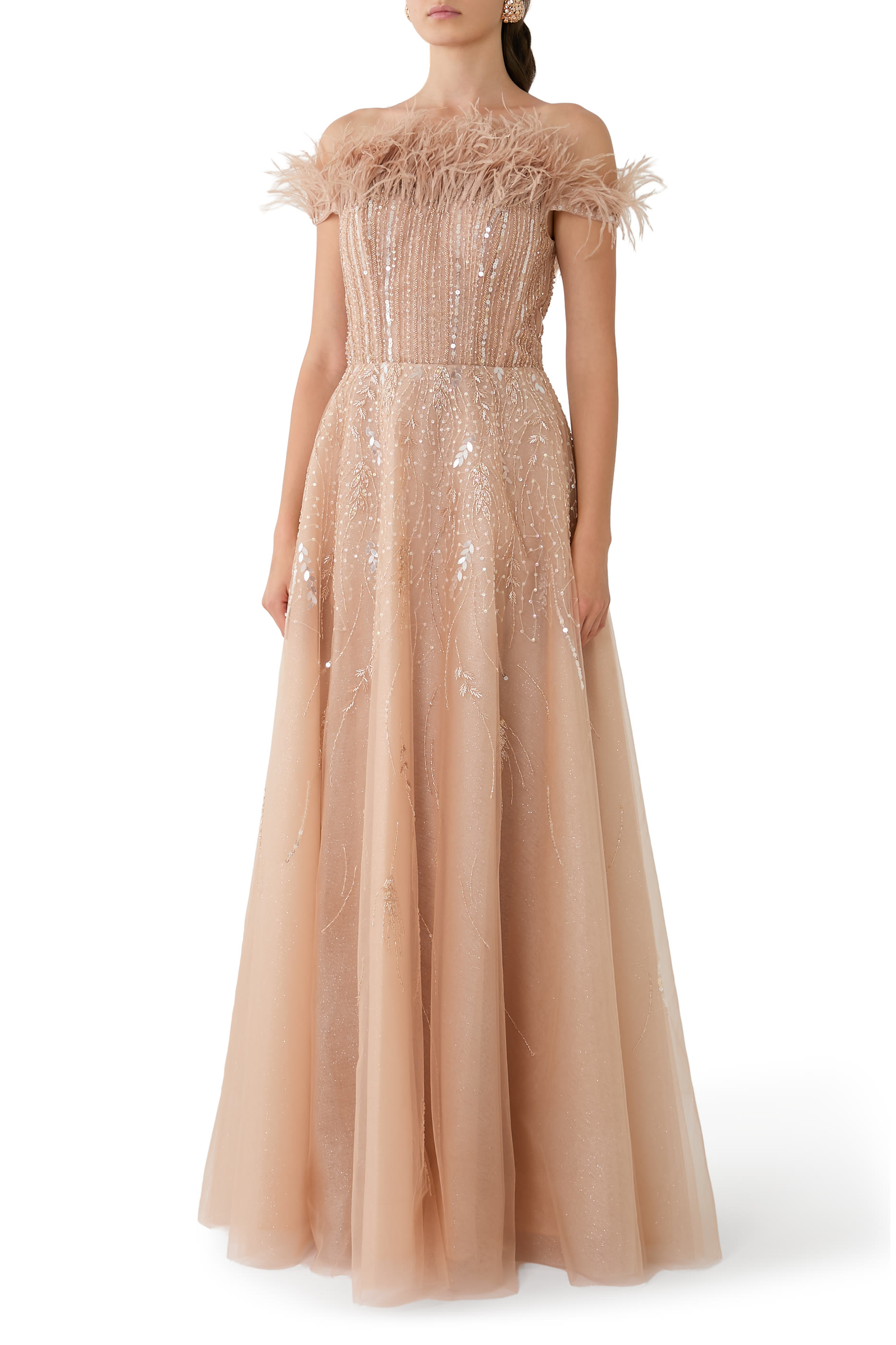 Feather Beaded Ball Gown