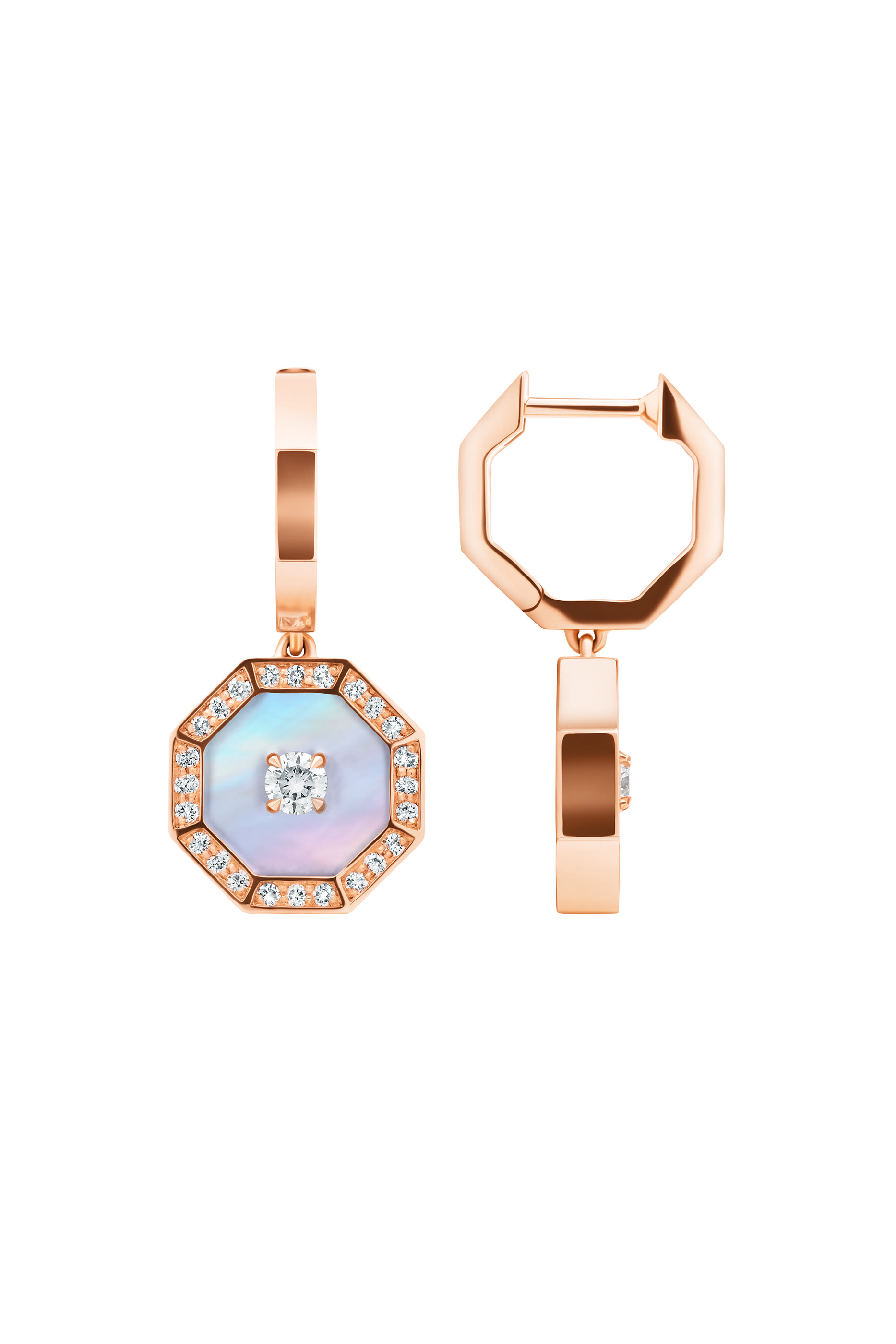 Ahjar Birwaz Dangling Hoop Earrings, 18K Rose Gold with Diamonds  Mother of Pearl