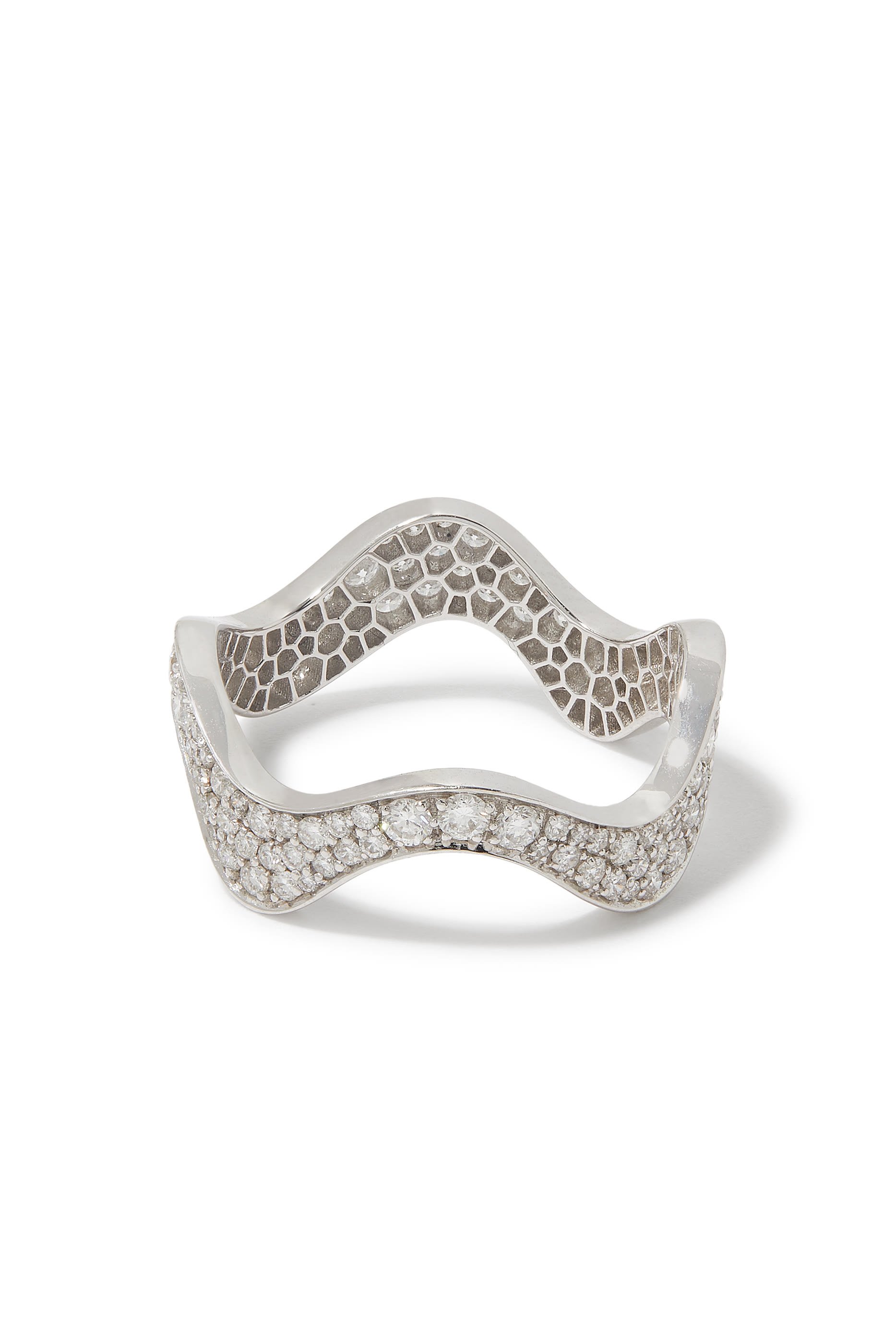 Thick Wave Ring, 18K White Gold  Diamonds