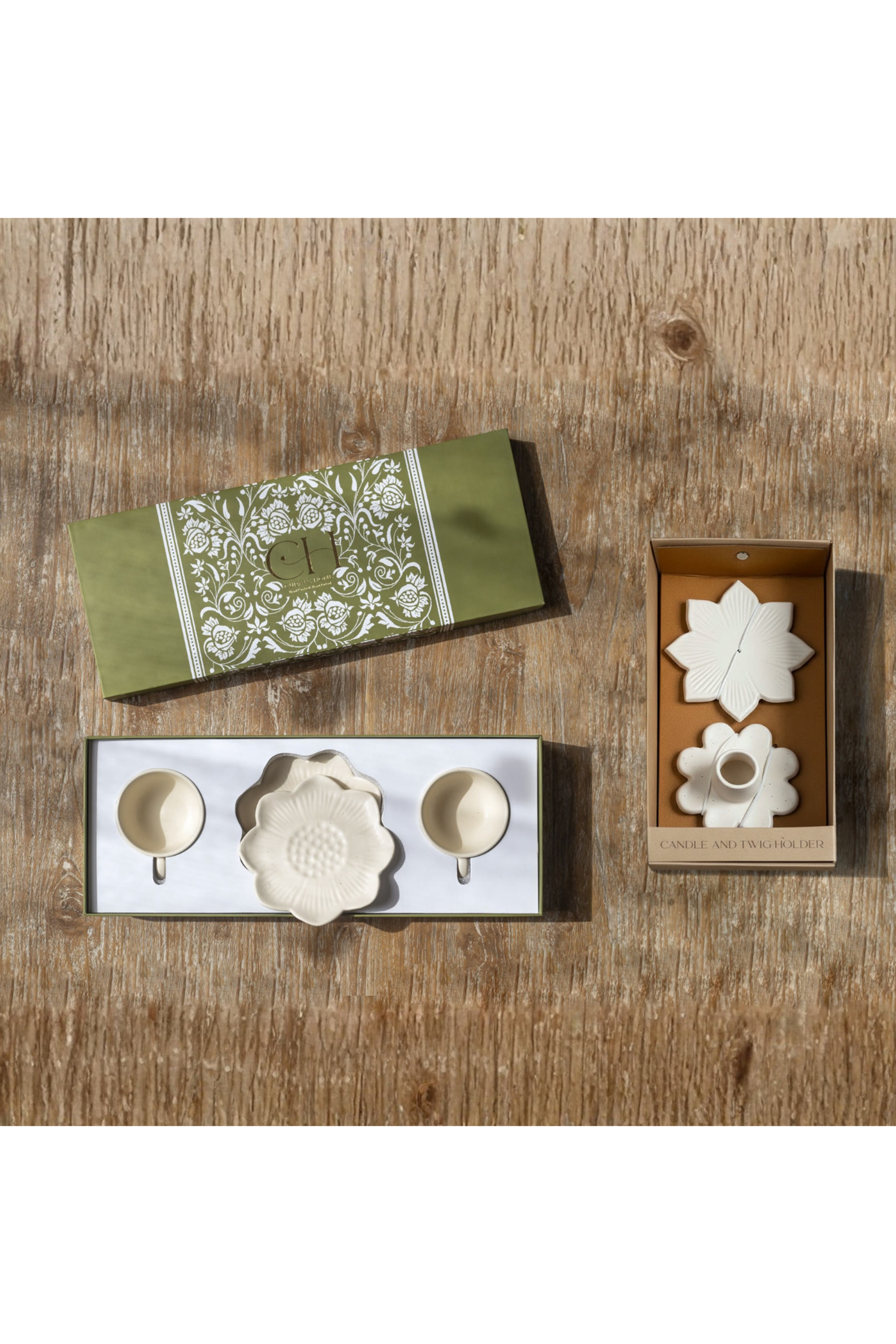 Bloom  Glow Gift Set - Flower Teacup and Candle and Twig Holder Set 