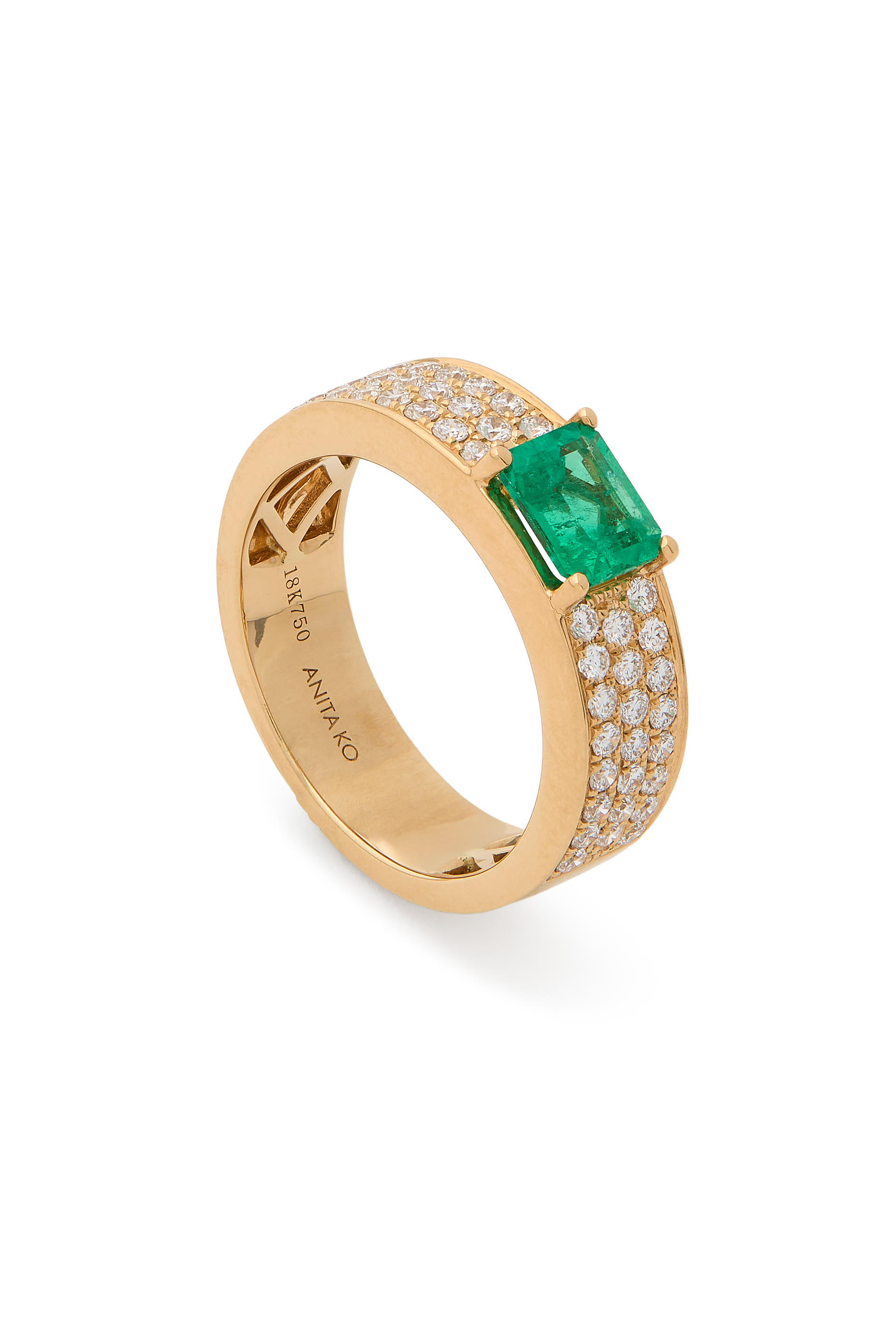 Wide Band Ring, 18k Yellow Gold, Emerald  Diamonds