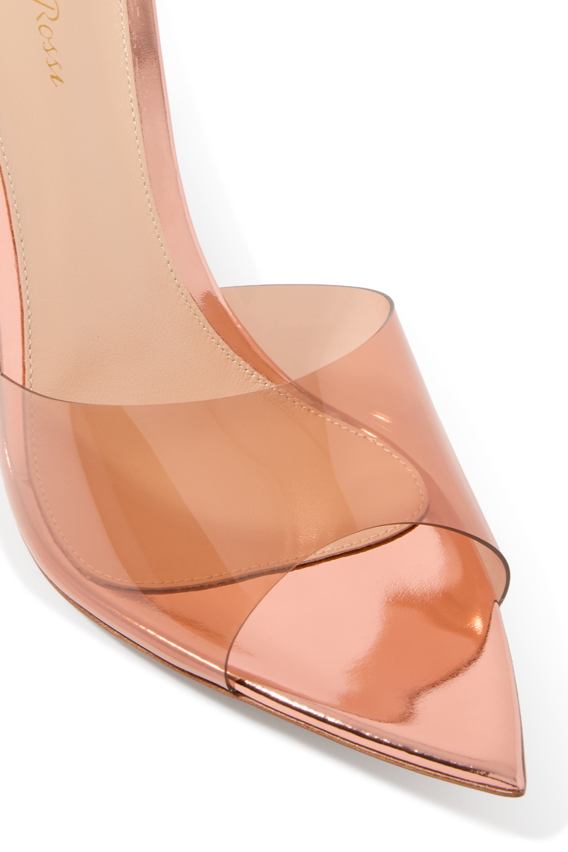 Elle 85 Mules in Plexi  Metallic Leather