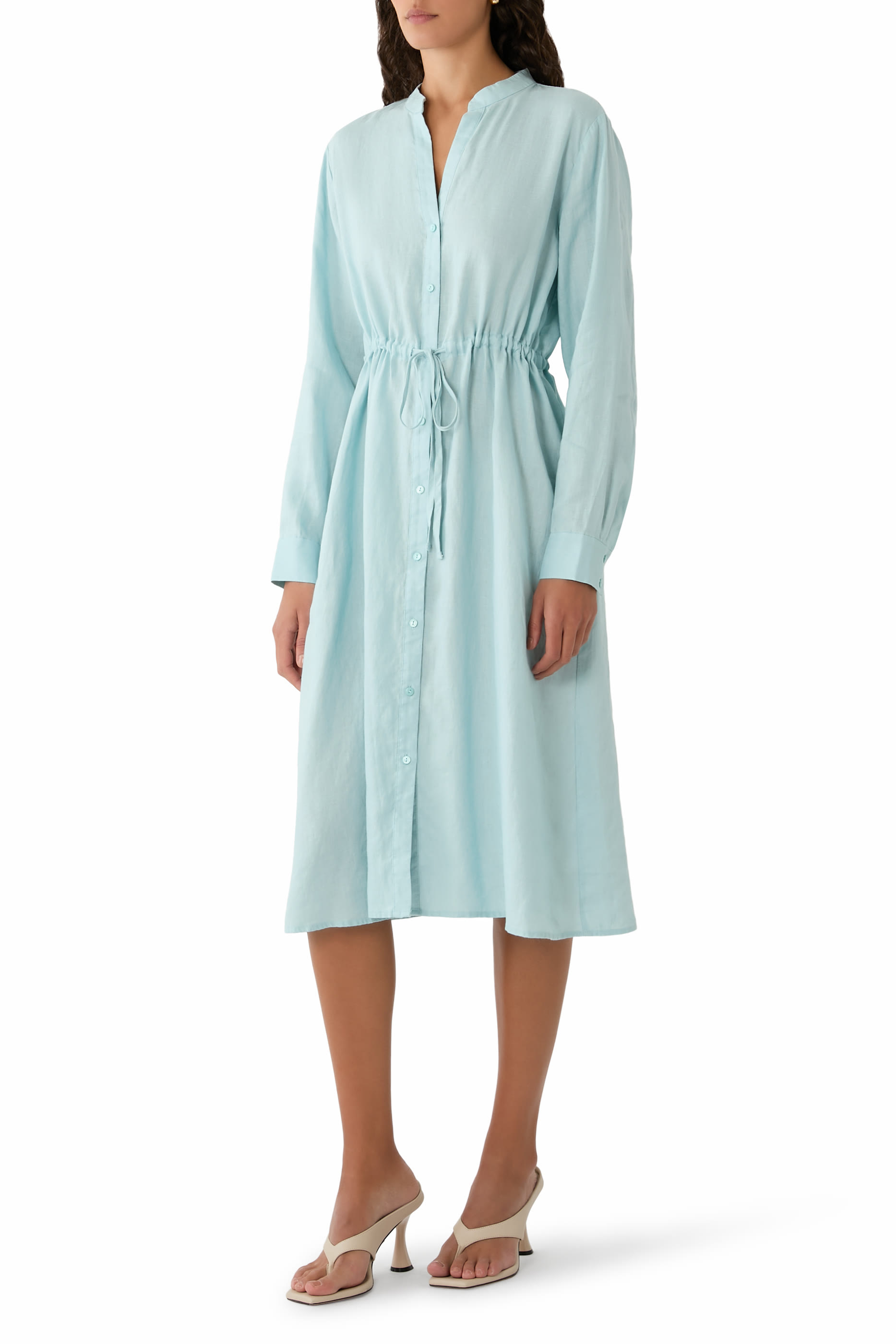  Organic Linen Band Collar Shirtdress 