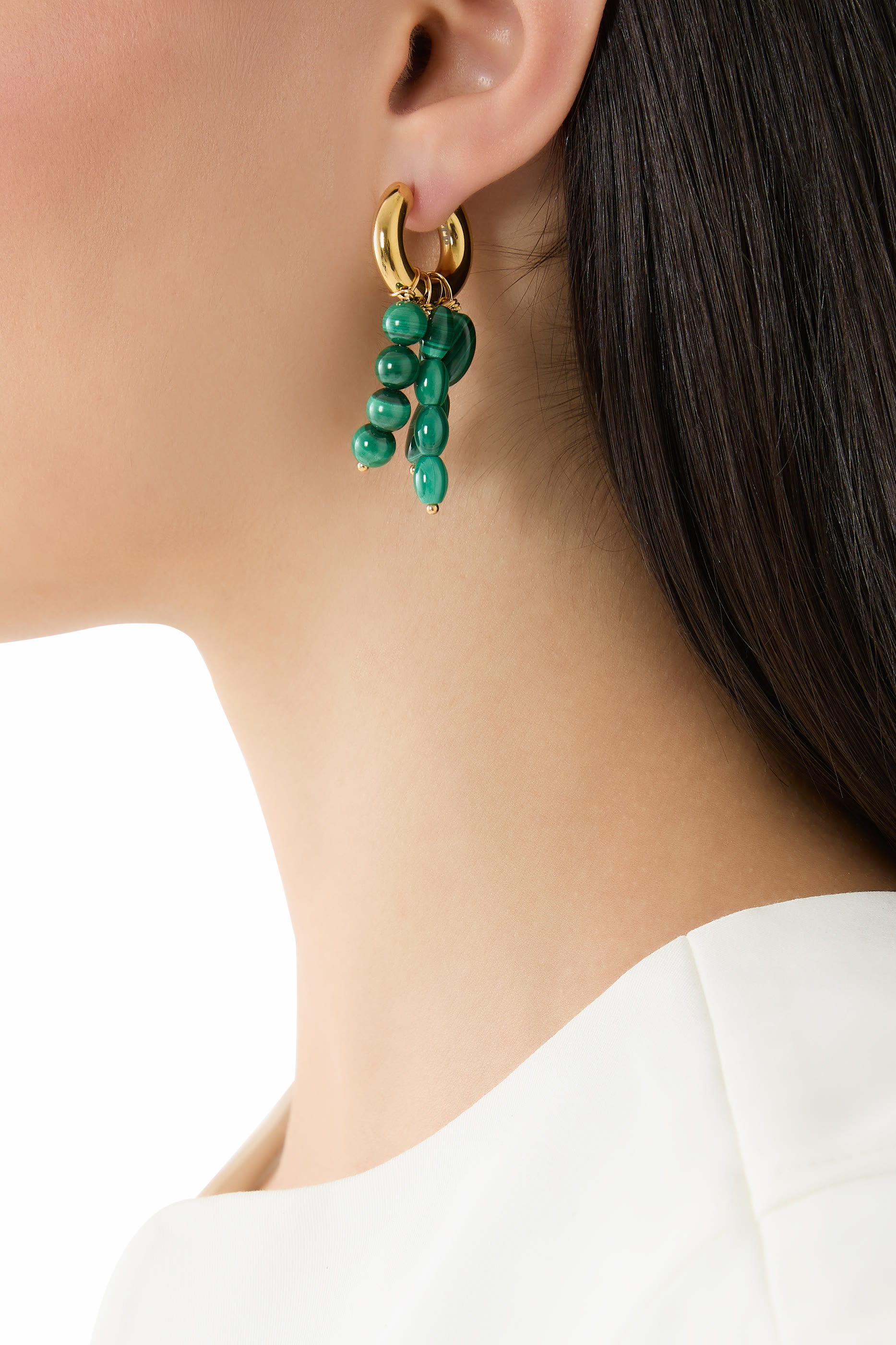 Mismatched Earrings,  24K Gold-Plated Brass with Strass  Malachite