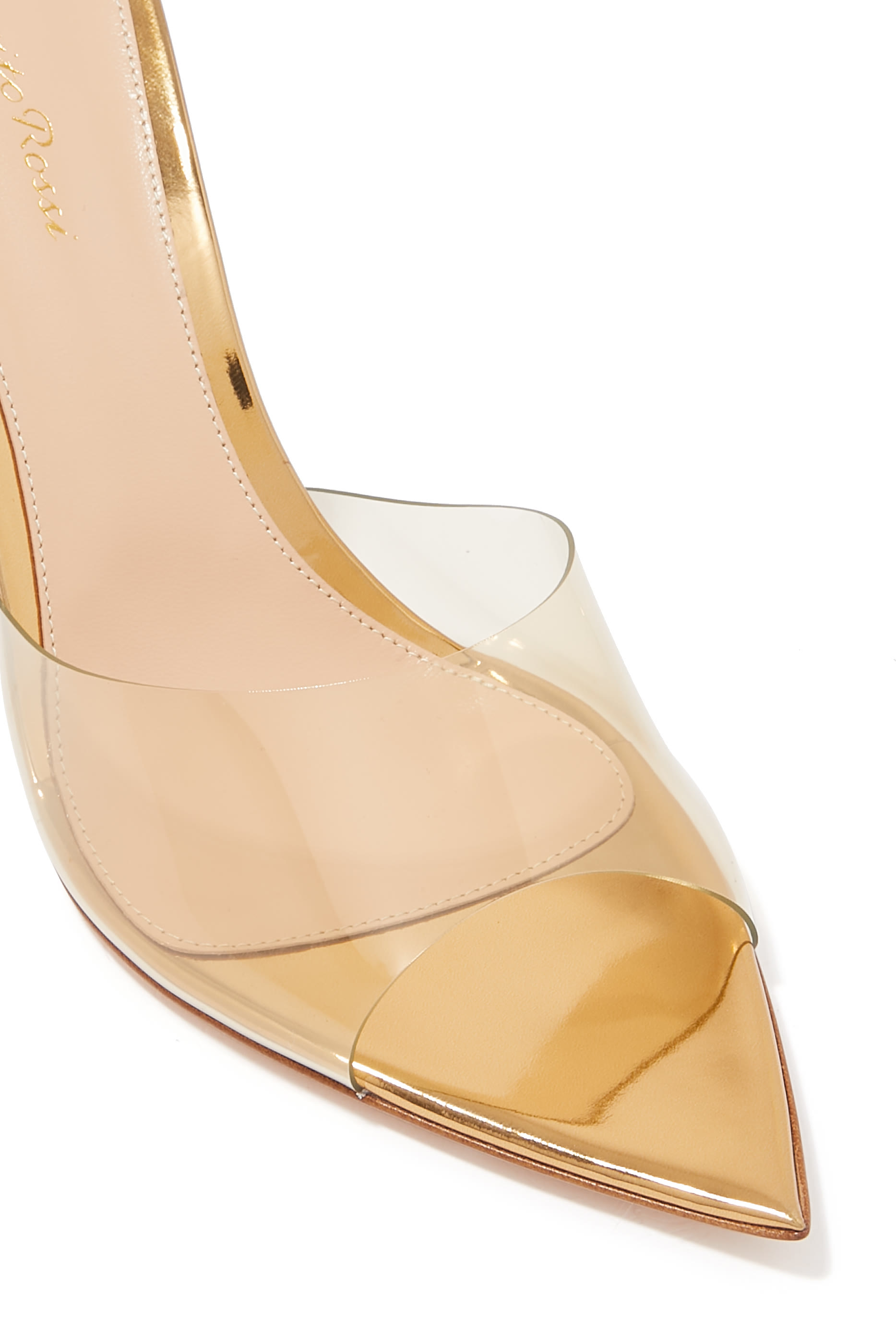 Elle 85 Mules in Plexi  Metallic Leather